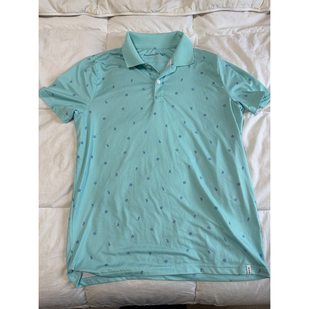 Abercrombie Kids Boys Polo Shirt Aqua Blue Tropical Flamingo Pineapple 15/16 XL